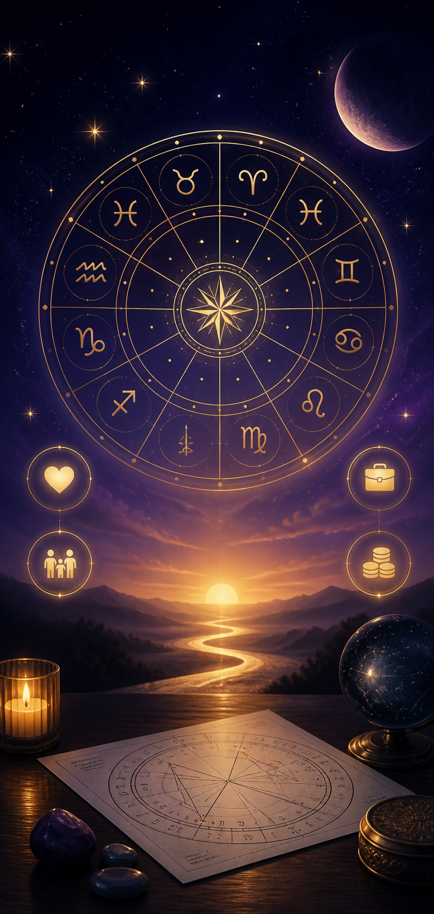 Roue astrologique dorée sous un ciel étoilé